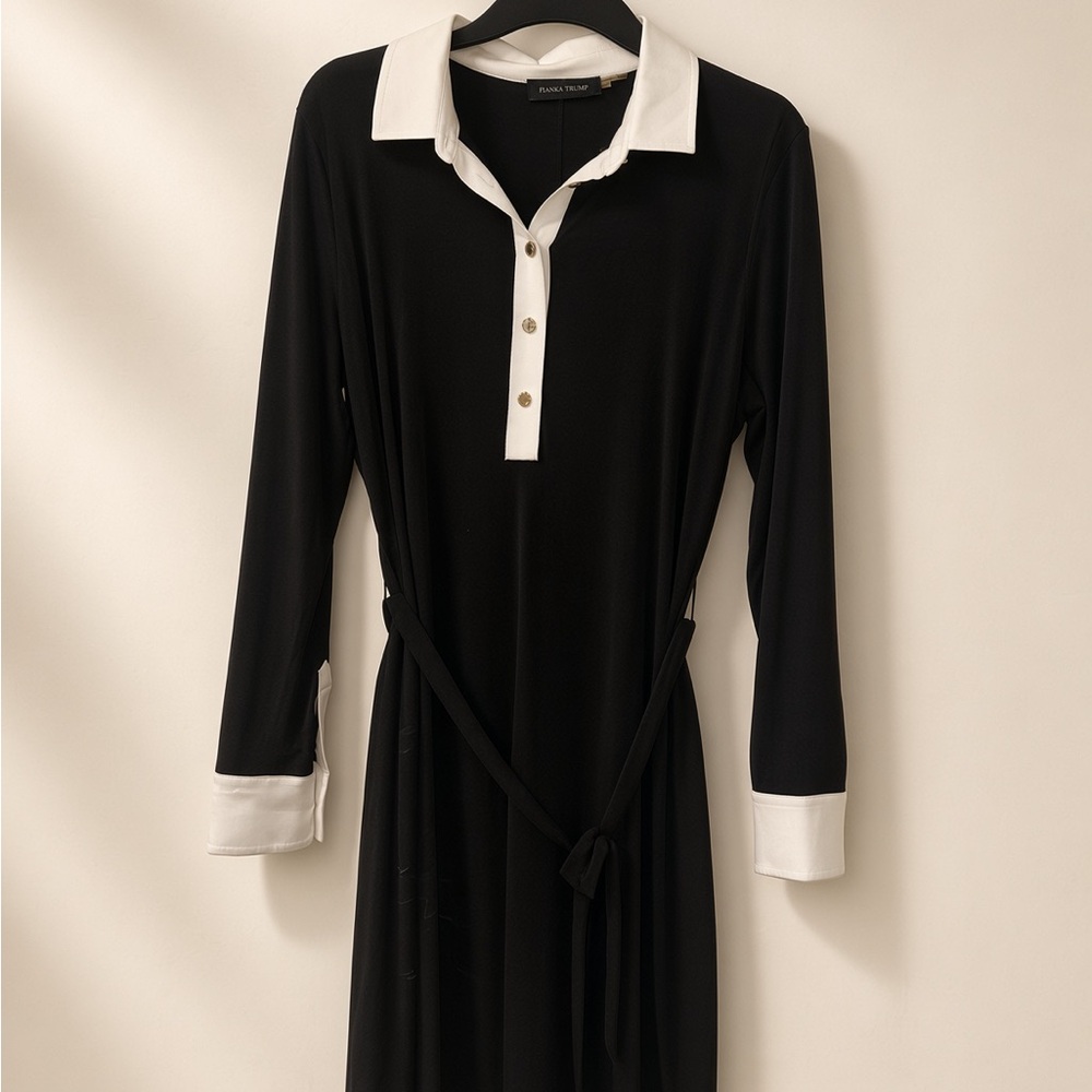 Ivanka Trump Black Long-Sleeve Polo Dress with White Collar & Cuffs